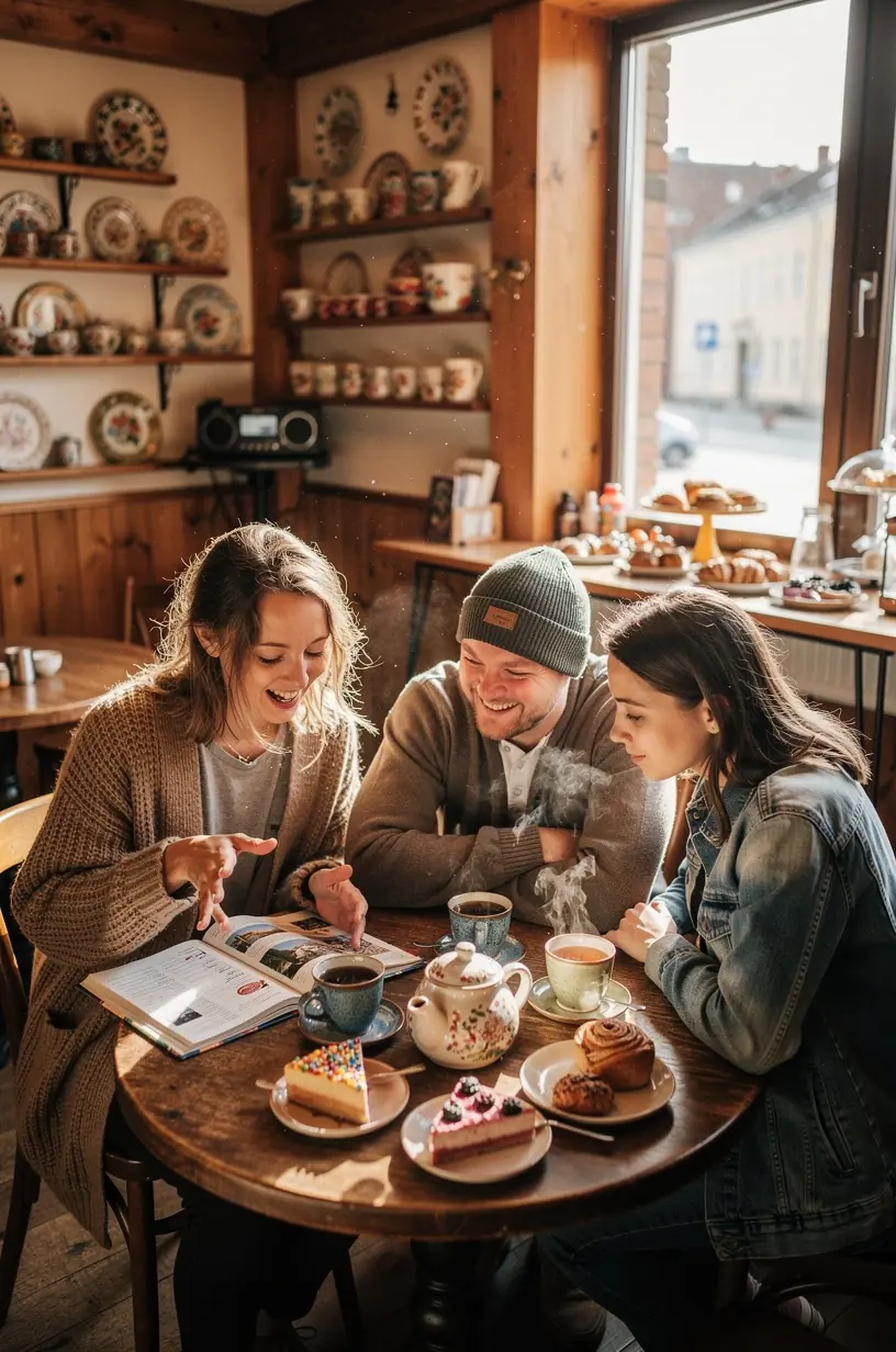 Inimesed kõnnivad mööda maalilist Eesti linna tänavat, nautides kultuuripärandit ja giidiraamatut.